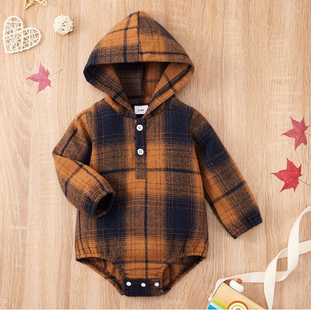 Casual Long Sleeve Button Down Plaid Hoodie Romper (0-3months)